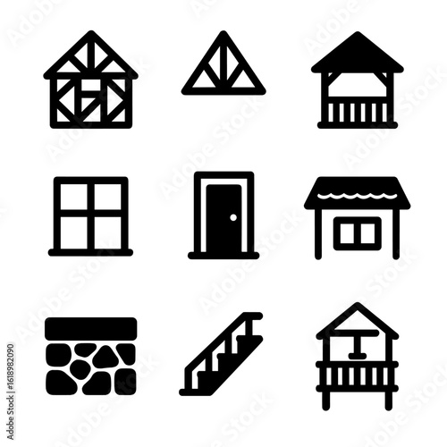 Timber Frame Icon Set. Solid, filled icon set of timber frame house features: timber frame house, exposed beams, wooden porch,