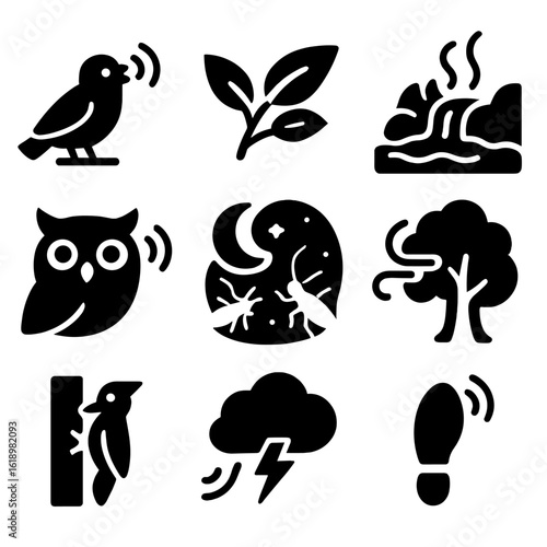 Nature Sound Icons. Solid style icons of natural soundscapes: chirping bird, rustling leaves, babbling brook, owl hoot icon,