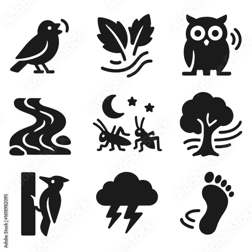 Nature Sound Icons. Solid style icons of natural soundscapes: chirping bird, rustling leaves, babbling brook, owl hoot icon,