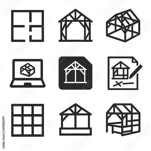 Timber Framing Icons. Solid, filled icon set of timber framing design elements: floor plan, elevation drawing, 3D model, CAD