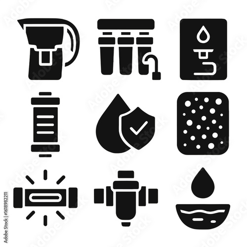 Water Purification Icons. Solid style icons of water purification and filters: water filter pitcher, home filtration system,