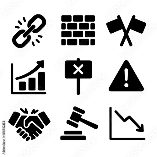 Trade Challenge Icons. Solid, filled icon set of trade agreement challenges: broken chain, barrier wall, crossed flags, rising