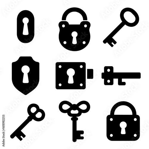 Traditional Locks and Keys. Solid style icons of traditional locks and keys: vintage keyhole, antique padlock, skeleton key,