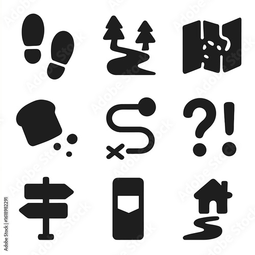 Trail Symbol Icons. Solid, filled icon set of breadcrumb trail symbolism: footsteps icon, forest path, map trail, crumbled bread,