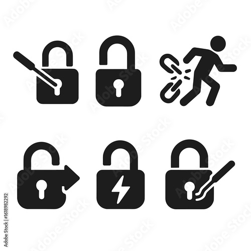 Lock Break Icons. Solid style icons of lock breaking and escape: lock pick tool, unlocked shackle, broken chain icon, forced entry