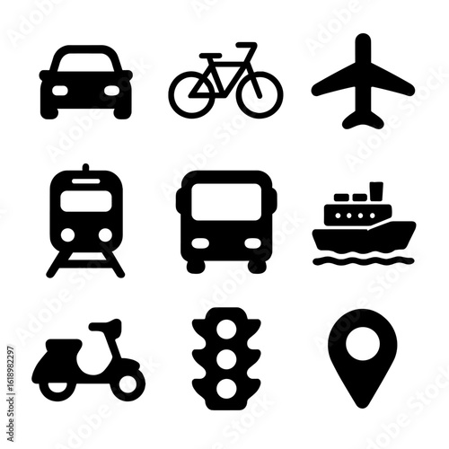 Transportation Icon Grid. Solid, filled icon set of black and white transportation: car, bicycle, airplane, train, bus, ship,