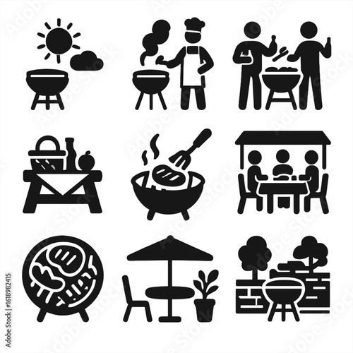 Summer BBQ Icons. Solid style icons of summer barbecue scene: sunny BBQ day, cookout with smoke, friends grilling, backyard party