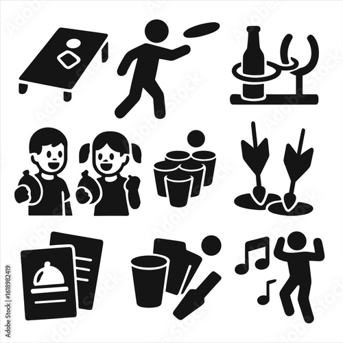 Backyard BBQ Games Icons. Solid style icons of backyard BBQ games: cornhole board, frisbee throw, bottle ring toss, horseshoe game