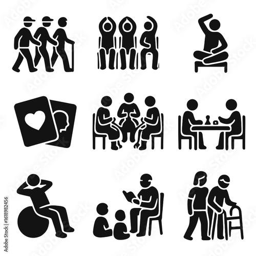 Senior Wellness Icons. Solid style icons of senior community wellness: senior walking group, seated stretching, light chair yoga,