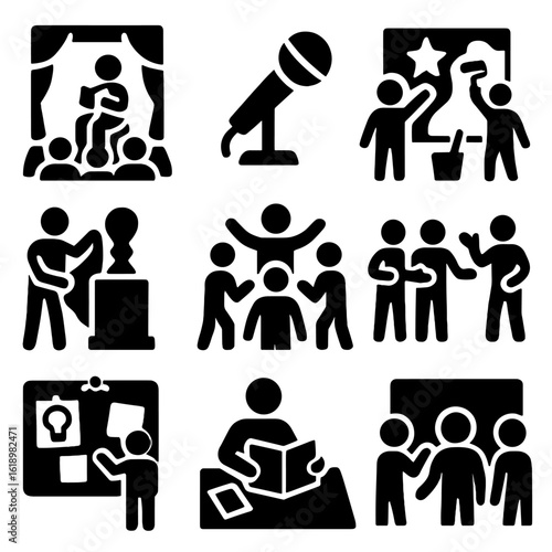 Community Creativity Icons. Solid style icons of community creativity: storytelling stage, spoken word mic, mural co-painting,