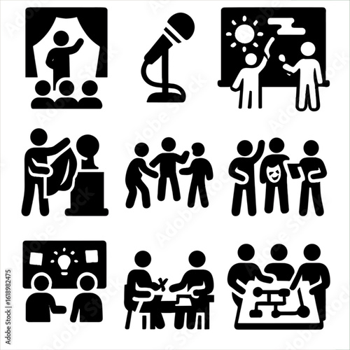 Community Creativity Icons. Solid style icons of community creativity: storytelling stage, spoken word mic, mural co-painting,