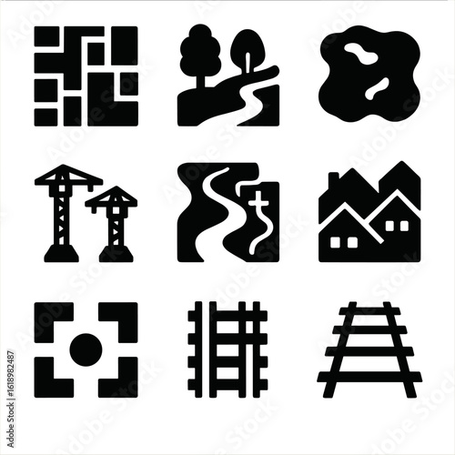 Urban Icons Grid. Solid, filled icon set of bird's eye view: urban sprawl, parks, water bodies, green space, construction cranes,