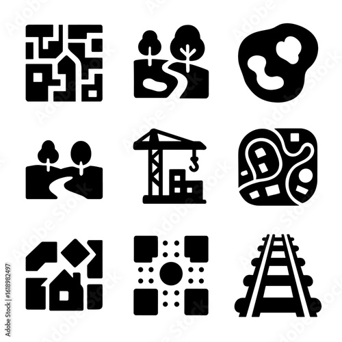 Urban Icons Grid. Solid, filled icon set of bird's eye view: urban sprawl, parks, water bodies, green space, construction cranes,