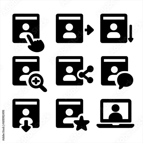 User Interaction Icons. Solid, filled icon set of portfolio user interactions: click, hover, scroll, zoom, share, comment,