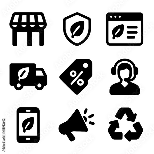 Vegan Leather Icon Set. Solid, filled icon set of vegan leather fashion brands: store, logo, website, delivery truck, sale tag,