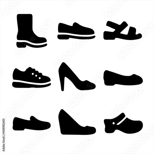Vegan Footwear Icons. Solid, filled icon set of vegan leather footwear styles: boots, loafers, sandals, sneakers, heels, flats,