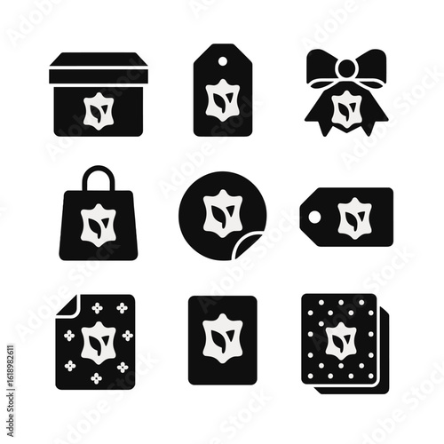 Vegan Packaging Icons. Solid, filled icon set of vegan leather product packaging: box, tag, ribbon, bag, sticker, label, tissue