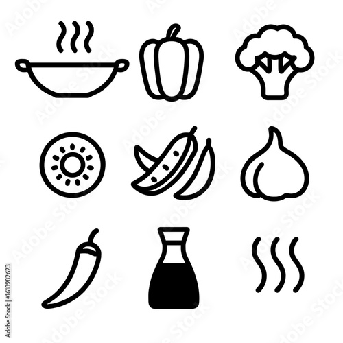 Vegetable Stir-Fry Icons. Solid, filled icon set of vibrant vegetable stir-fry: wok pan, bell pepper, broccoli floret, carrot