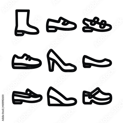 Vegan Footwear Icons. Solid, filled icon set of vegan leather footwear styles: boots, loafers, sandals, sneakers, heels, flats,