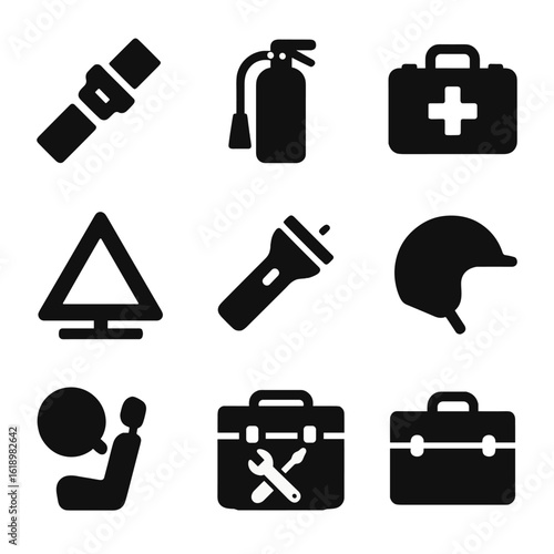 Vehicle Safety Icons. Solid, filled icon set of vehicle safety equipment: seatbelt, fire extinguisher, first aid kit, warning