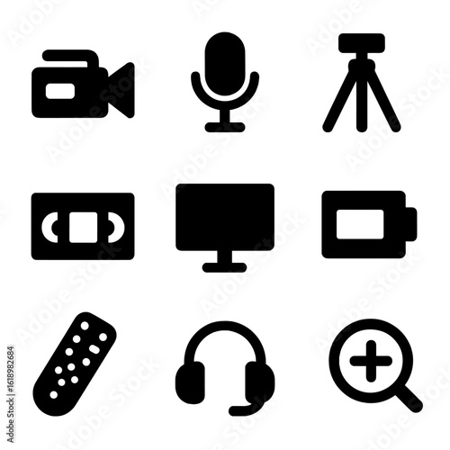 Video Recording Icons. Solid, filled icon set of video recording: video camera, microphone, tripod, video tape, monitor, battery