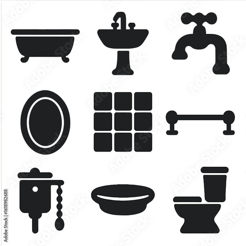 Vintage Bathroom Icons. Solid, filled icon set of vintage bathroom fixtures: clawfoot tub, porcelain sink, cross-handle faucet,
