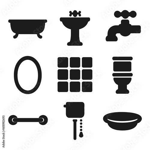 Vintage Bathroom Icons. Solid, filled icon set of vintage bathroom fixtures: clawfoot tub, porcelain sink, cross-handle faucet,