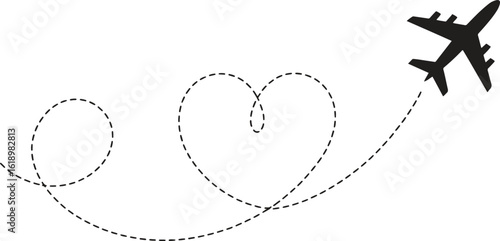 Airplane Heart Trail Vector – Love Travel, Plane Dotted Path, Journey Clipart