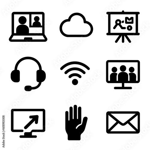 Virtual Teamwork Icons. Solid, filled icon set of virtual teamwork: laptop with video call, cloud storage, digital whiteboard,