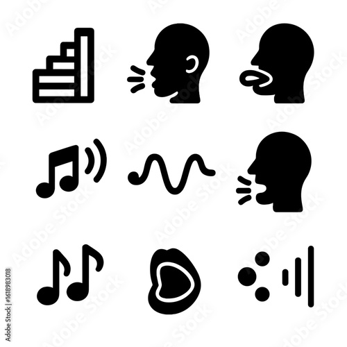 Vocal Warm-Up Icons. Solid, filled icon set of vocal warm-up sequences: scale ladder, lip buzz, tongue roll, octave jump, siren,