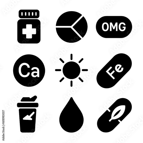 Vitamin and Supplement Icons. Solid, filled icon set of supplements and vitamins: pill bottle, multivitamin, omega-3 capsule,