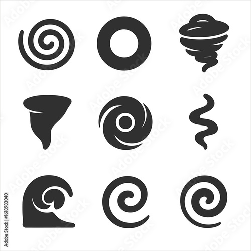 Vortex Dynamics Icons. Solid, filled icon set of vortex dynamics: spiral flow, vortex ring, rotating water, tornado funnel,