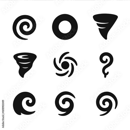 Vortex Dynamics Icons. Solid, filled icon set of vortex dynamics: spiral flow, vortex ring, rotating water, tornado funnel,