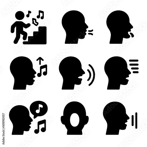 Vocal Warm-Up Icons. Solid, filled icon set of vocal warm-up sequences: scale ladder, lip buzz, tongue roll, octave jump, siren,