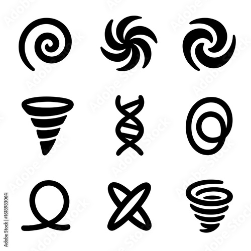 Vortex Icon Set. Solid, filled icon set of vortex shapes and patterns: spiral, swirl, whirl, funnel, helix, coil, loop, twist,