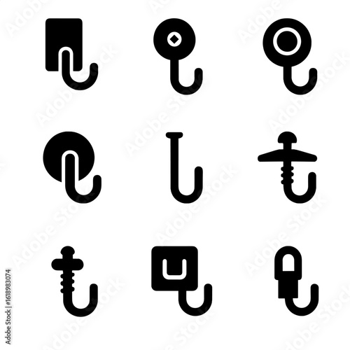 Wall Hook Mounting Icons. Solid, filled icon set of wall hook mounting options: adhesive strip, screw mount, magnetic mount,