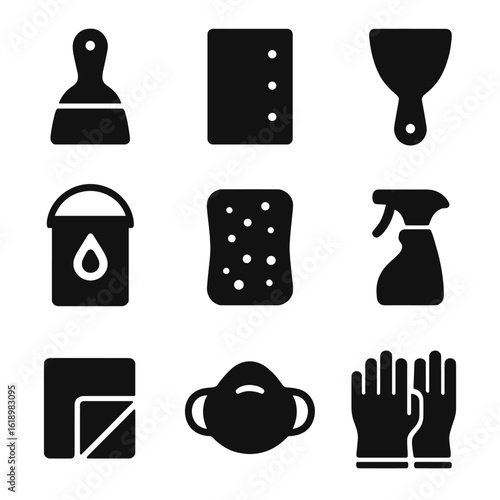Wall Preparation Tools Icons. Solid, filled icon set of wall preparation tools: scraper, sandpaper, putty knife, primer can,