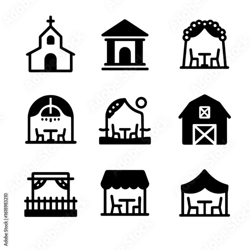 Wedding Venue Icons. Solid, filled icon set of Wedding Venue: church, hall, garden, ballroom, beach, barn, rooftop, restaurant,