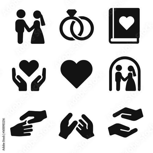 Wedding Vows Icons. Solid, filled icon set of exchanging vows: couple, wedding rings, vow book, promise, love, heart, ceremony,