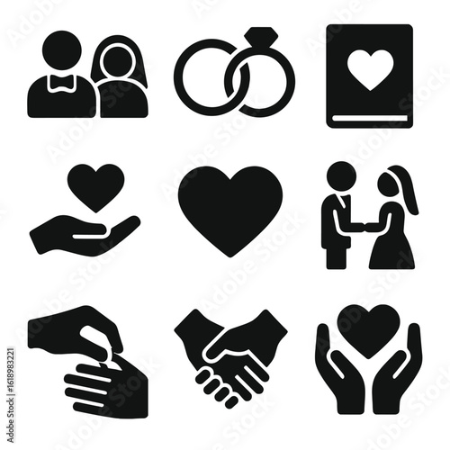 Wedding Vows Icons. Solid, filled icon set of exchanging vows: couple, wedding rings, vow book, promise, love, heart, ceremony,