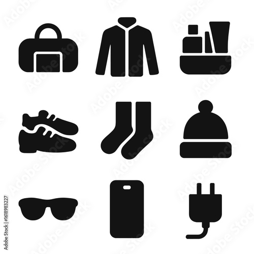 Weekend Packing Icons. Solid, filled icon set of packing for the weekend: duffel bag, jacket, toiletries, shoes, socks, hat,