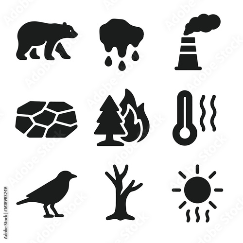 Wildlife Climate Impact Icons. Solid, filled icon set of wildlife affected by climate pollution: polar bear, melting ice,
