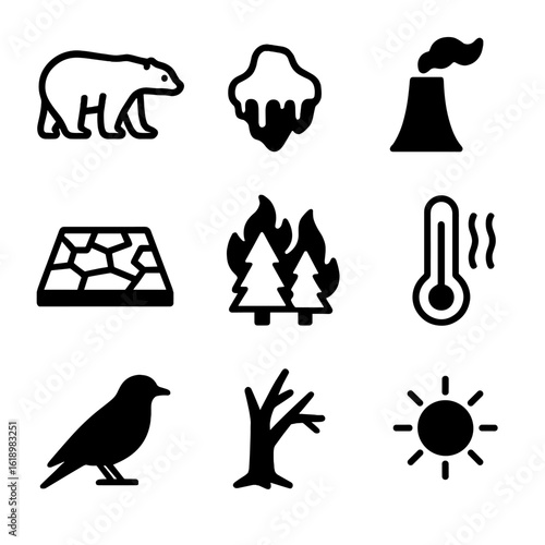 Wildlife Climate Impact Icons. Solid, filled icon set of wildlife affected by climate pollution: polar bear, melting ice,