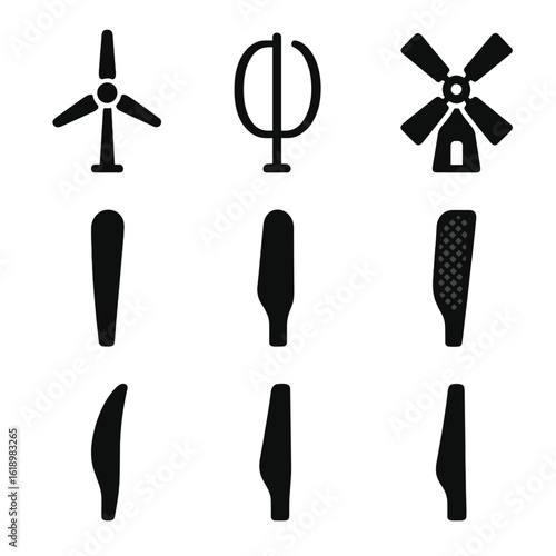 Windmill Blade Icons. Solid, filled icon set of windmill blade types: horizontal axis blade, vertical axis blade, wooden blade,