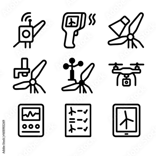 Windmill Monitoring Icons. Solid, filled icon set of windmill blade monitoring tools: vibration sensor, thermal camera, ultrasonic