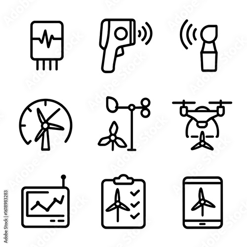 Windmill Monitoring Icons. Solid, filled icon set of windmill blade monitoring tools: vibration sensor, thermal camera, ultrasonic