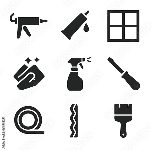 Window Maintenance Icons. Solid, filled icon set of window maintenance: caulking, sealant, window frame, cleaning cloth, spray