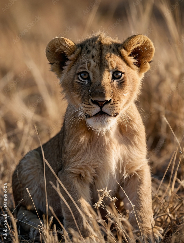 Obraz premium Baby Lion Sitting on the Savannah Grass at Sunset – Wildlife Portrait
