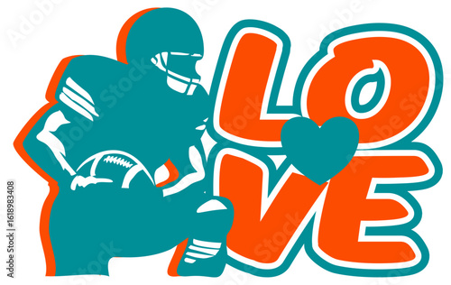 Love written in Aqua, orange, white and blue colorwith a heart at the center and a football Player next to the text. Bold vector design in street art style, perfect for sporty, dynamic illustrations.