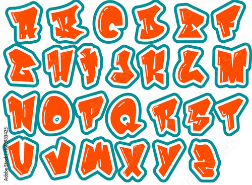 Alphabet letters in graffiti style with green, aqua, and orange colors. Ideal for sports branding, youth campaigns, and dynamic merchandising.